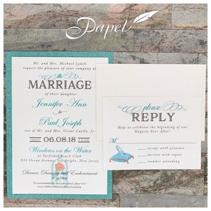 Ivory Shimmer Laser Cut Wedding Invitations with Disney like designs and teal or black accents Pocket, Jacket, Envelope, Folder, Pocketfold image 5