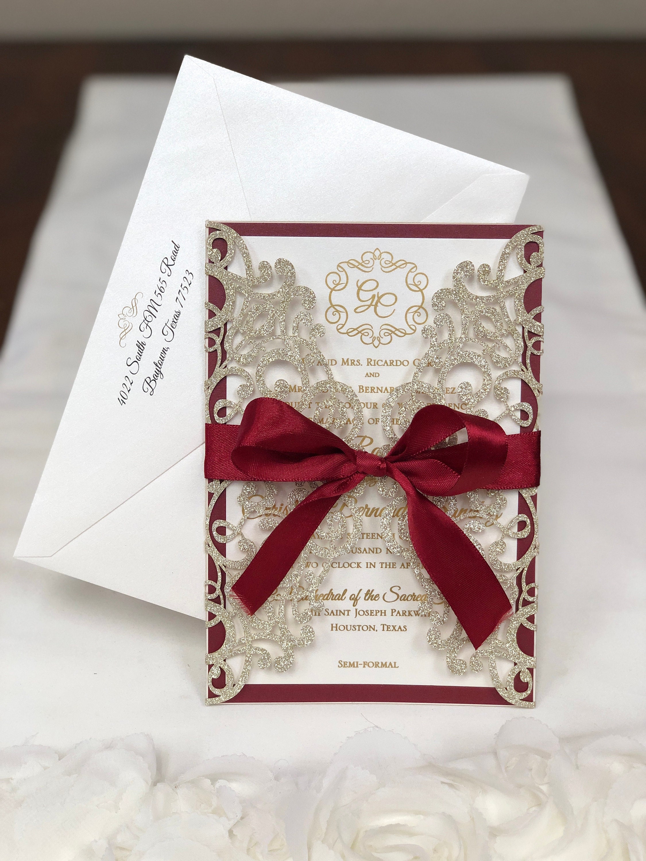 Laser Cut Wedding Invitation Burgundy Marsala Rose Gold picture