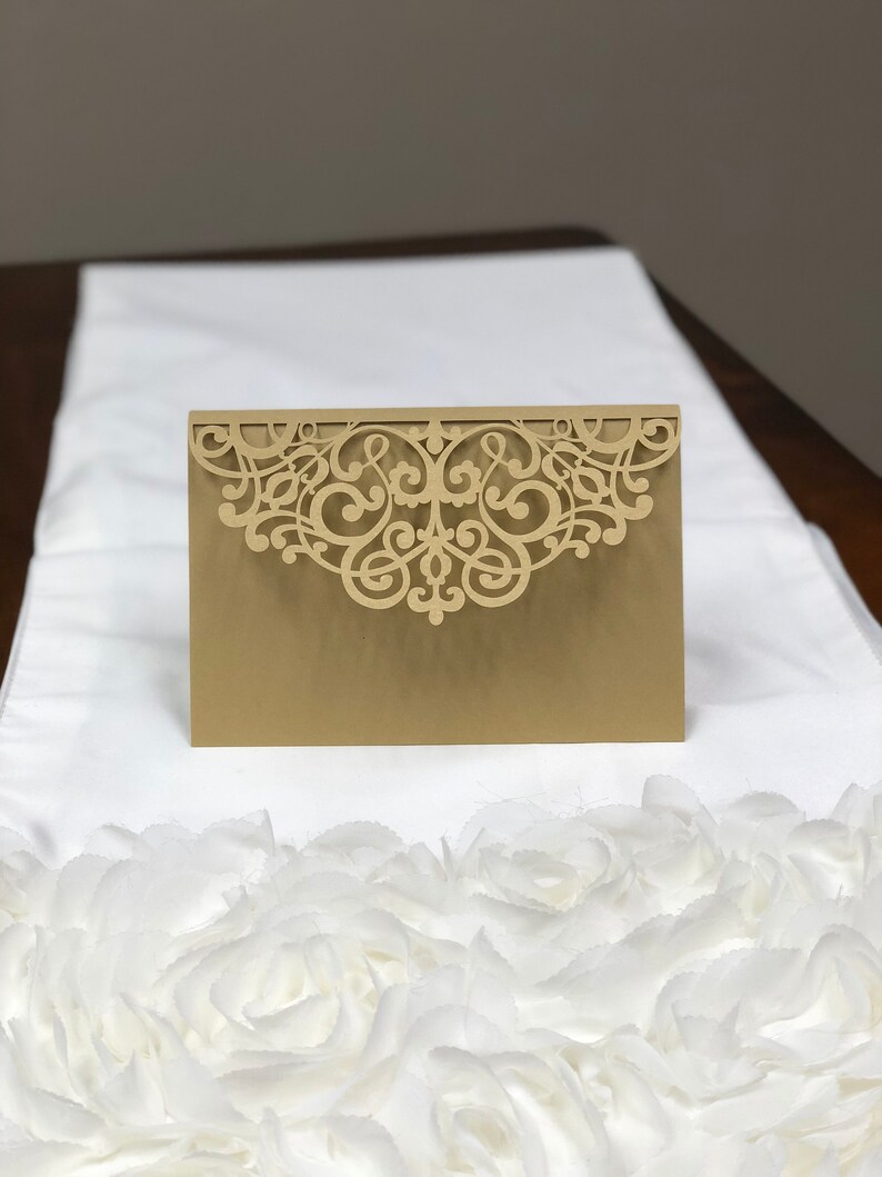 Horizontal Laser Cut Wedding Invitations Pocket Tri-fold Wedding Invitation Laser Cut Traditional Metallic Gold Wedding Invites Laser Cut image 6