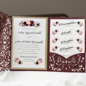 Wedding Invitations, Burgundy Custom Invitations, Gold, Laser Cut, Shimmer Wedding Invite, Die Cut, Marsala, Elegant Stationery