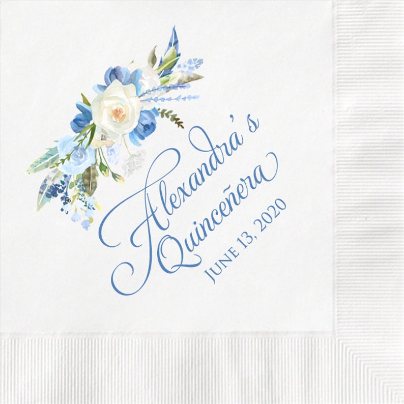 Dusty Blue Floral Personalized Cocktail Napkins Quinceañera Etsy