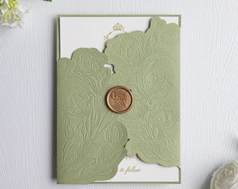 Sage Green Laser Cut Gatefold with Elegant Embossed Floral Design (other colors available)