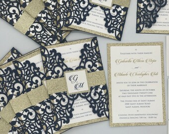 Laser Cut Wedding Invitations: Navy, Ivory, and Gold Foil