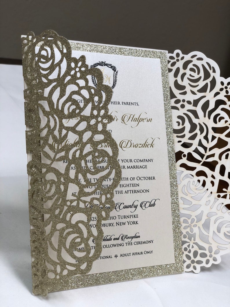 Rose Gold Glitter Laser Cut Wedding Invitations Gold Glitter Etsy