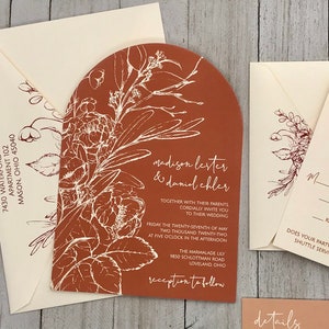 Arch Shaped Boho Wedding Invitations, Terracotta, Rust, Clay, Neutral, Custom Wedding Invitation Suite, Die Cut Modern Wedding Suite