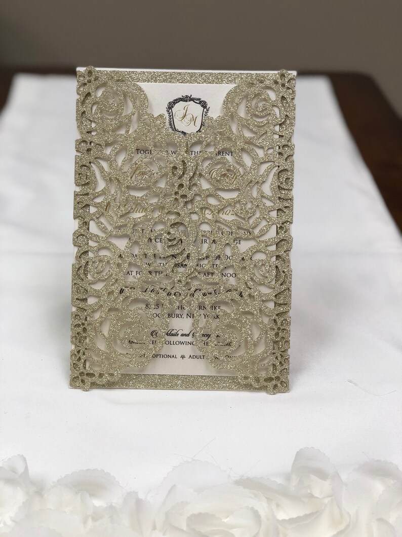 Rose Gold Glitter Laser Cut Wedding Invitations Gold Glitter Wedding Die Cut Black Glitter Laser Cut Silver Glitter Rose Wedding Invites