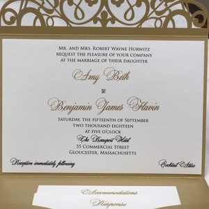 Horizontal Laser Cut Wedding Invitations Pocket Tri-fold Wedding Invitation Laser Cut Traditional Metallic Gold Wedding Invites Laser Cut image 5