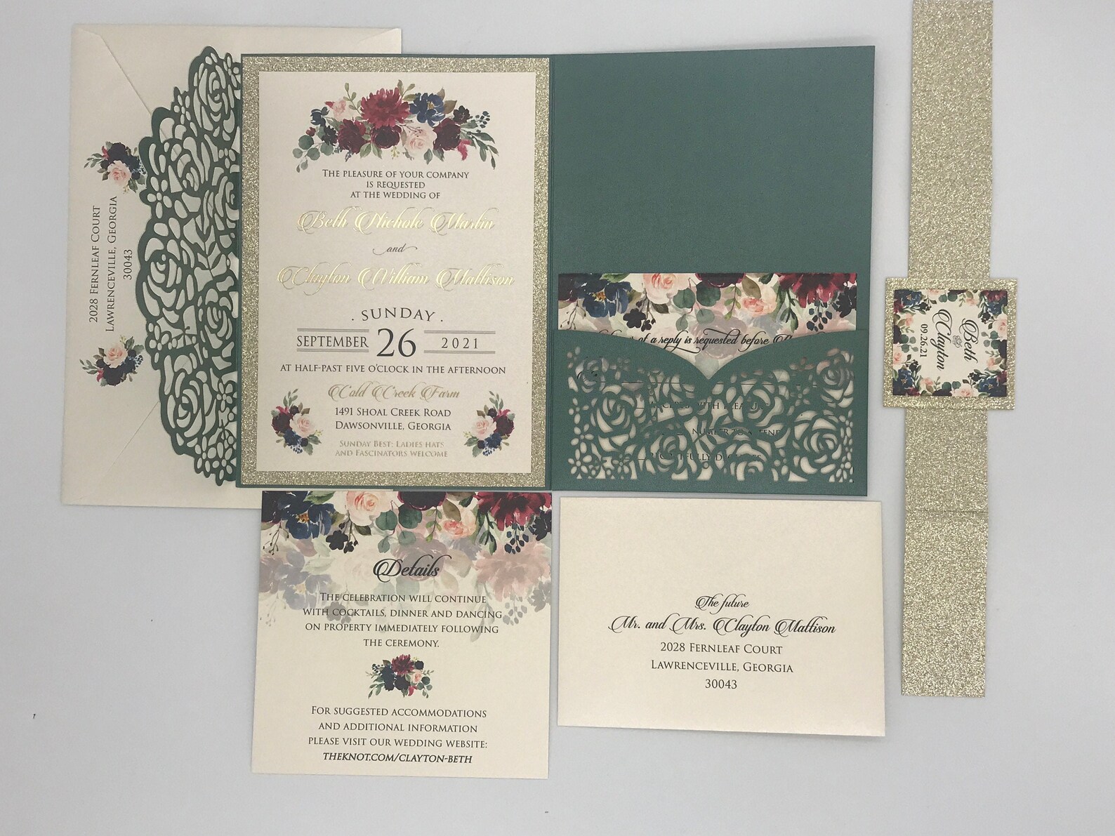 Emerald Green Laser Cut Wedding Invitations Pocket Etsy