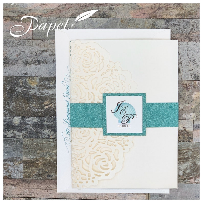 Ivory Shimmer Laser Cut Wedding Invitations with Disney like designs and teal or black accents Pocket, Jacket, Envelope, Folder, Pocketfold image 3