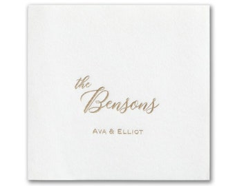 Script Last Name Custom Name Foil Personalized Premium Linen Feel Napkins, Custom Cocktail Cake White Beverage Napkins