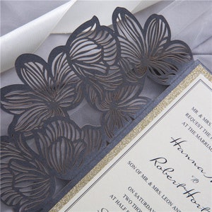 Gorgeous Laser Cut Wedding Invitations Pocket Wedding Die Cut Laser Cut Traditional Gray Grey Shimmer Wedding Invites Laser Cut image 1