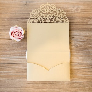 DIY Wedding Invitation Pocket: Gold Laser Cut Lace, Metallic Jacket Style