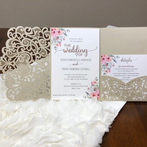 More Colors Wedding Invitations, Elegant Wedding Invitations, Custom Wedding Invitations, Floral Pocket Invitations, Laser Cut Invitation