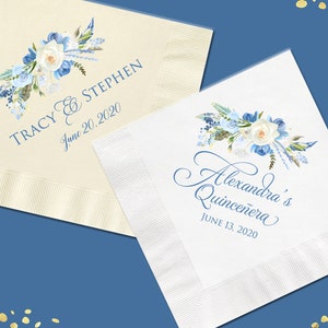 Dusty Blue Floral Personalized Cocktail Napkins Custom Napkins for Quinceañera, Wedding Shower or Birthday Blue & Cream Beverage or Luncheon