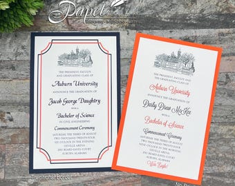 May include: Two graduation announcements from Auburn University. One has a navy blue border with a red inner border, the other has an orange border. Both feature the university seal and text announcing the graduates' names, degrees, and ceremony details.