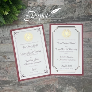 May include: Two graduation announcements with maroon borders and gold accents. The top of each announcement features the Texas A&M University logo. The text on the left announcement reads "Announcing the graduation of Hera Lynn Albright from Texas A&M University College of Engineering with a Bachelor of Science in Leadership Development - Cum Laude - Gig'em! Class of 2024". The text on the right announcement reads "Announcing the graduation of Brian Dwight Almond from Texas A&M University College of Engineering with a Bachelor of Science in Mechanical Engineering - Cum Laude - May 10, 2024 - College Station, Texas".