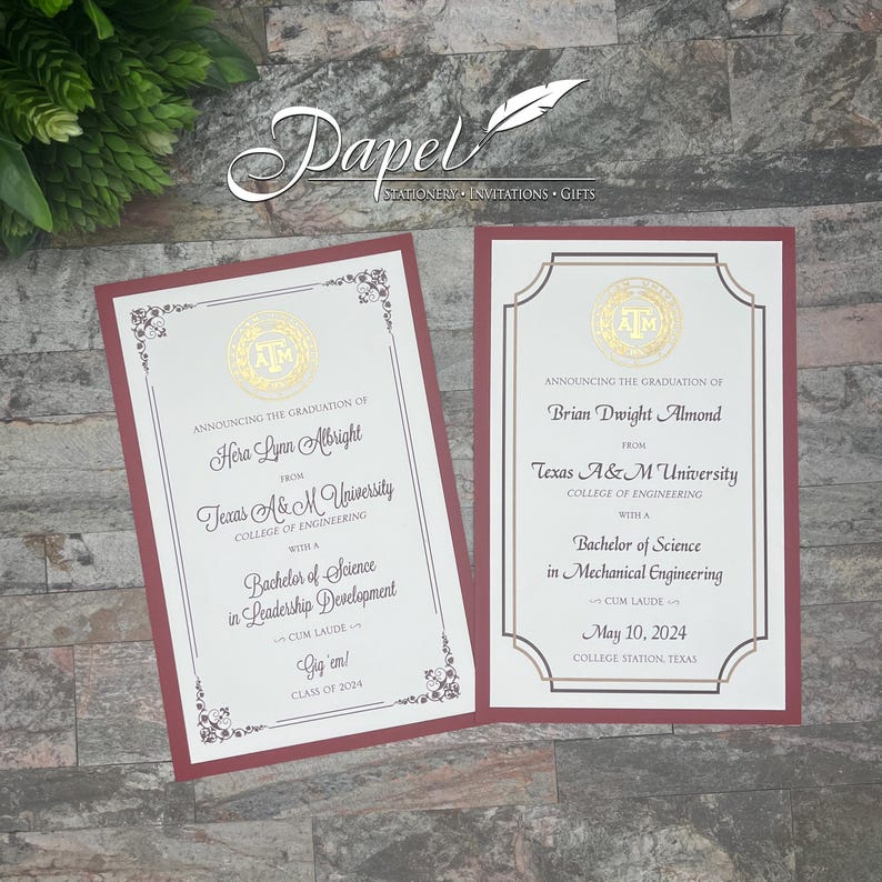 May include: Two graduation announcements with maroon borders and gold accents. The top of each announcement features the Texas A&M University logo. The text on the left announcement reads "Announcing the graduation of Hera Lynn Albright from Texas A&M University College of Engineering with a Bachelor of Science in Leadership Development - Cum Laude - Gig'em! Class of 2024". The text on the right announcement reads "Announcing the graduation of Brian Dwight Almond from Texas A&M University College of Engineering with a Bachelor of Science in Mechanical Engineering - Cum Laude - May 10, 2024 - College Station, Texas".