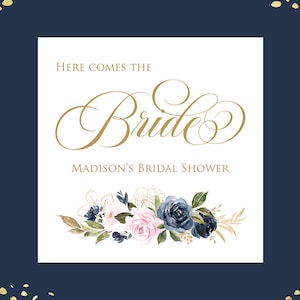 Bridal Shower Napkins, Navy Blush Floral Wedding Shower Napkins, Luncheon, Cocktail, Beverage Napkins, Personalized Shower Napkins