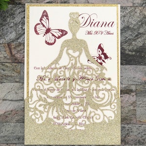 Glitter Laser Cut Quinceanera Invitations: Tiara & Butterflies