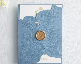 Dusty Blue Laser Cut Gatefold with Elegant Embossed Floral Design (other colors available)