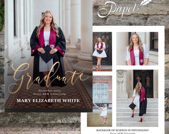 Texas A&M, Any University or High School Double Sided Photo College Graduation Invitation or Announcement with FOIL, Bachelor's Degree