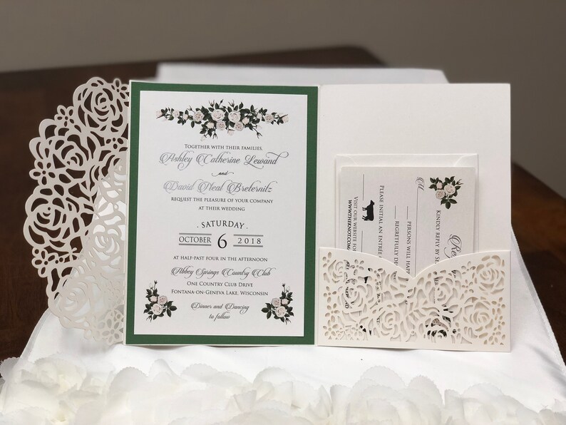 Emerald Green Laser Cut Wedding Invitations Pocket Etsy