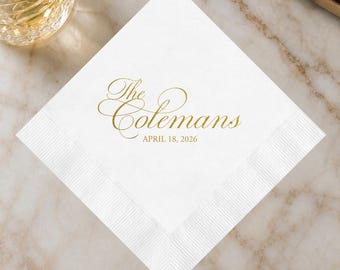 Personalized Wedding Surname Napkins | Elegant Script Family Name Napkins | Custom Foil Cocktail Napkins | Reception Bar Decor