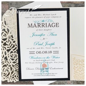 Ivory Shimmer Laser Cut Wedding Invitations with Disney like designs and teal or black accents Pocket, Jacket, Envelope, Folder, Pocketfold image 8