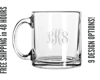 Custom Engraved Glass Coffee Mug, Personalized, Last Name, Monogram or Initials, Wedding gift, Anniversary gift, SHIPS in 48 HOURS