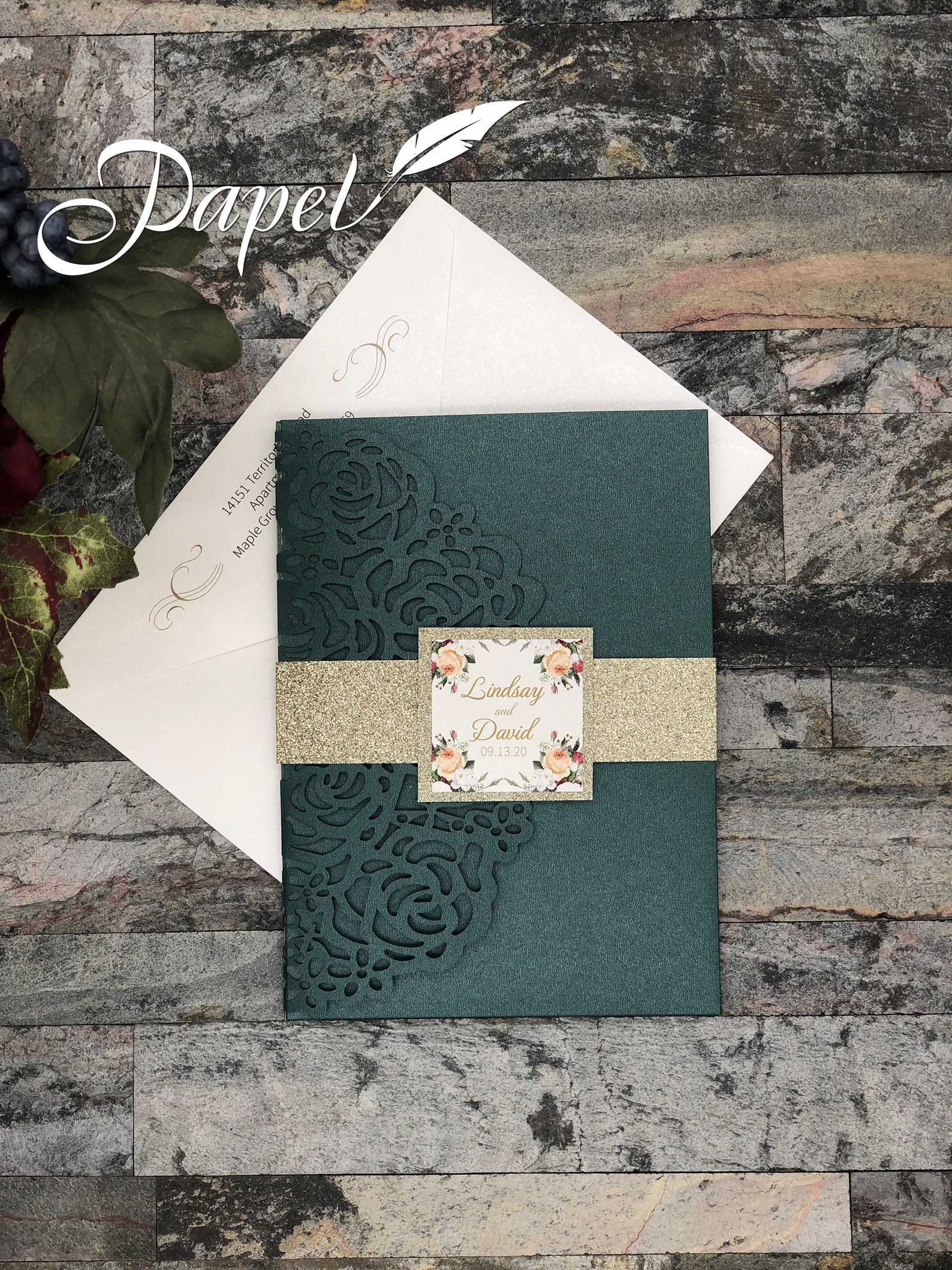 Emerald Green Laser Cut Wedding Invitations Pocket Etsy