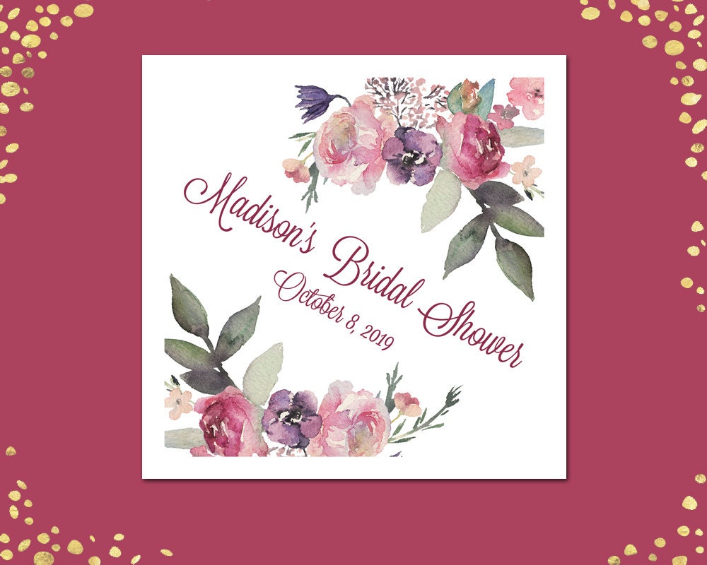 Servilletas personalizadas con flores moradas: despedida de soltera, boda, cumpleaños