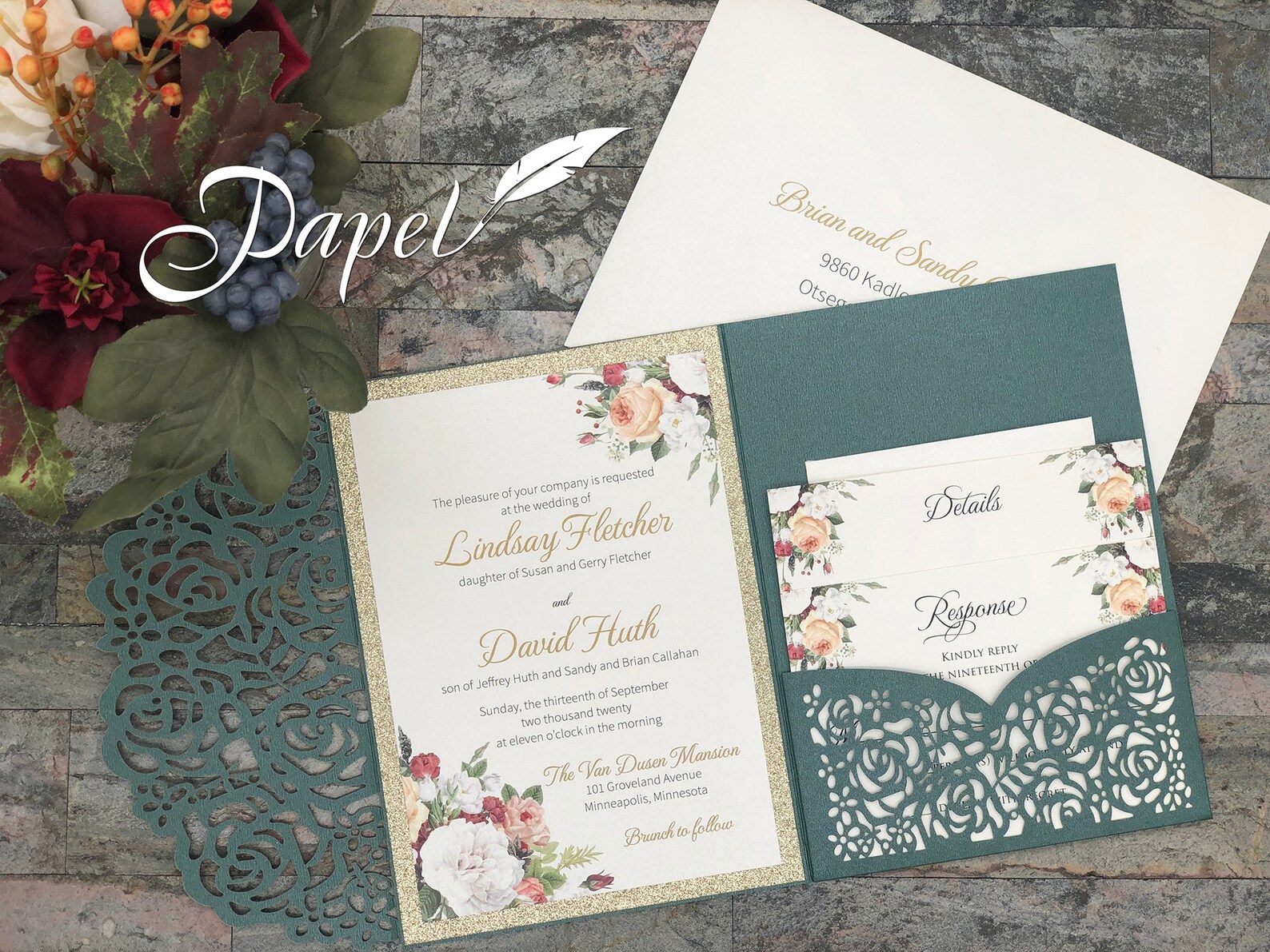 Emerald Green Laser Cut Wedding Invitations Pocket Etsy