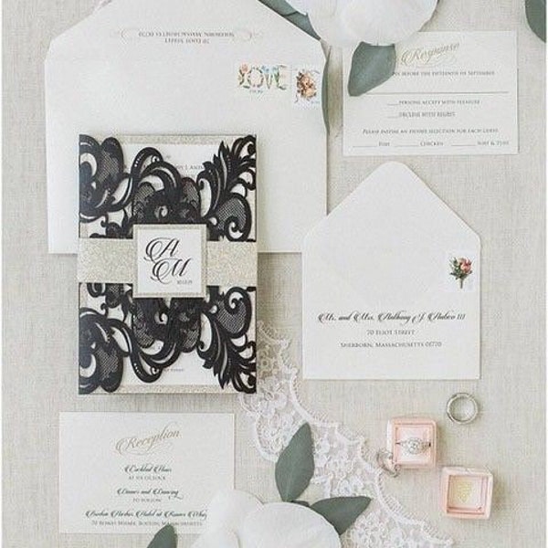 Lace Pocket Folder Invitations Etsy