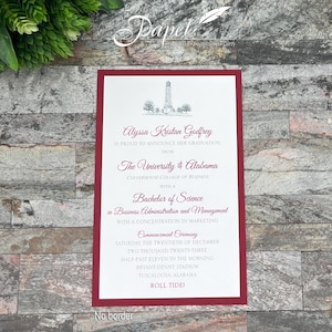 University of Alabama Graduation Announcement – Denny Chimes Sketch | Custom Degree Layered Invitation, Party Card, or Thank You