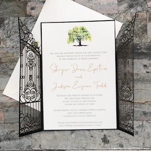 Iron Gate Laser Cut Wedding Invitations: Black Shimmer Pocket