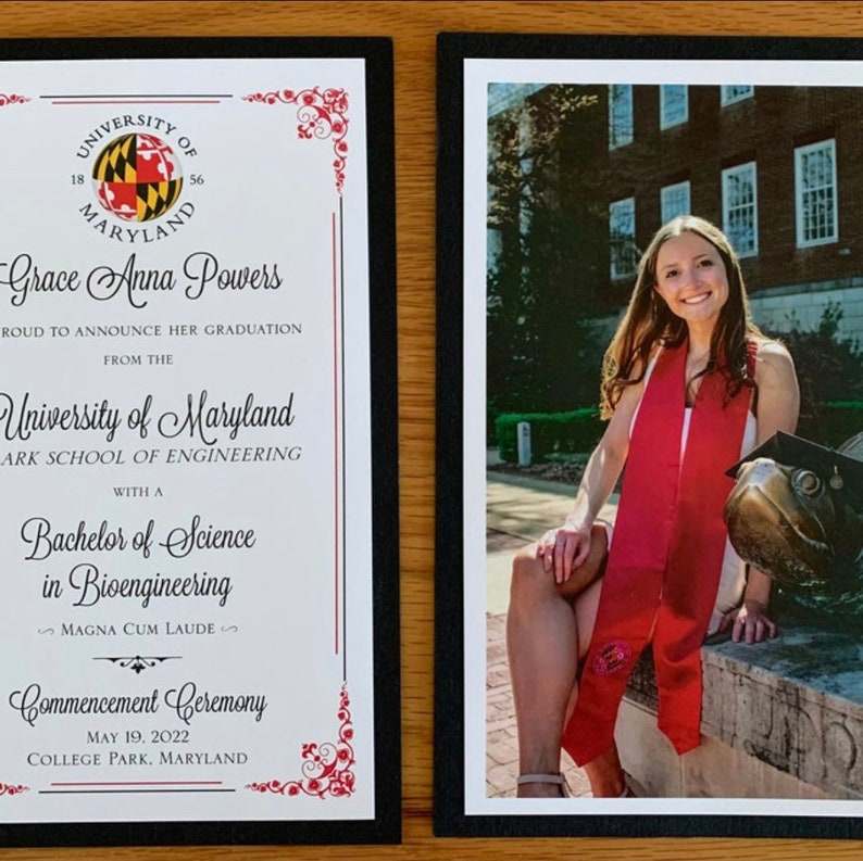 May include: Two framed images. The left frame contains a graduation certificate from the University of Maryland, with the graduate's name and degree details. The right frame shows a photo of a smiling graduate wearing a red sash.
