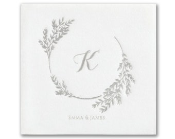 Greenery Wreath Custom Name Foil Personalized Premium Linen Feel Napkins, Custom Cocktail Cake White Beverage Napkins