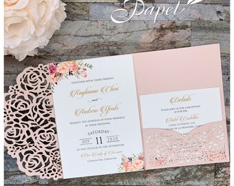 Laser Cut Wedding Invitations: Blush Shimmer Pocketfold, Rose Design
