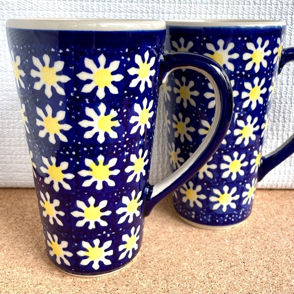Vtg Pair of Boleslawcu Pottery Tall Mugs, White and Yellow Flowers on Blue, Handmade in Poland