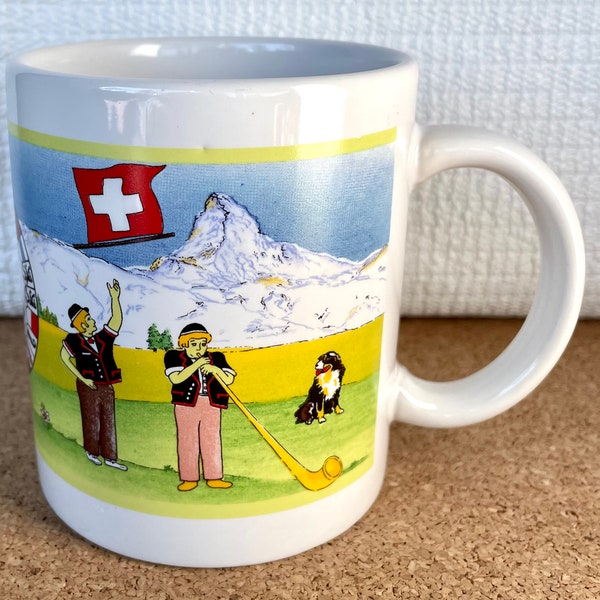 Vtg Switzerland Souvenir Mug, Swiss Alps Scene, Cantons' Coats of Arms