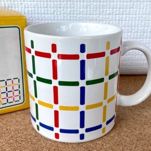 Vtg &quot;Grid&quot; Stoneware Mug, Primary Colors, with Original Box, Potpourri Press, Made in Japan