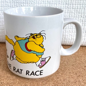 Vtg &quot;Welcome to the Rat Race&quot; Mug, Cat and Rats, Graduation or Promotion, Russ, Made in Korea