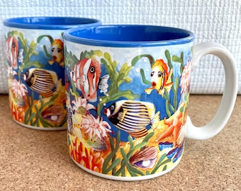 Vtg Pair of Undersea Scene Mugs, Fish, Seaweed, Buried Treasure, and Sand, Flowers, Inc. Balloons, Made in Korea, 1997