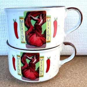 Vtg Pair of Mexene Chili Powder Soup Mugs, &quot;Home-Made Chili&quot; Recipe on Back, Bruce Foods Corp., Made in Japan, 1990