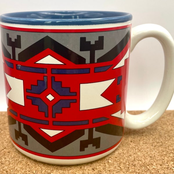 Vtg Native American Pattern/Design Mug, Geometric, Southwestern, Red, Black, Gray, White, and Blue