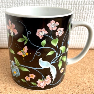 Vtg Floral Vine Mug, Black with Peacock, Bluebird, and Butterflies, Made in Japan