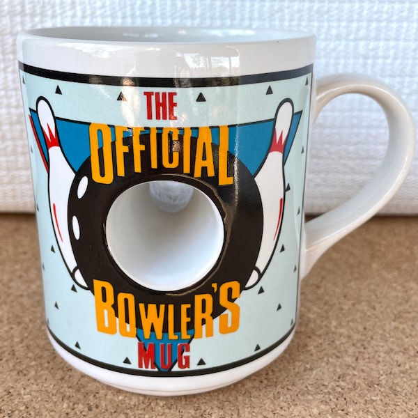 Vtg "The Official Bowler's Mug" Mug, 3-D Finger Hole, Bowling Pins, Papel, Made in Thailand