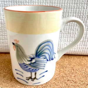 Vtg Rooster Glory Mug, Yellow Band, Hand-Painted, Tabletops Unlimited