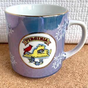 Vtg Virginia Souvenir Mug, State Map, Cardinal, and Dogwood, Gilded and Iridescent