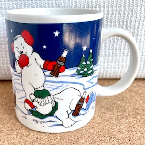 Vtg Coca-Cola Promotional Mug, Penguins and Polar Bears in the Snow, Ice Skating, Christmas, 1997